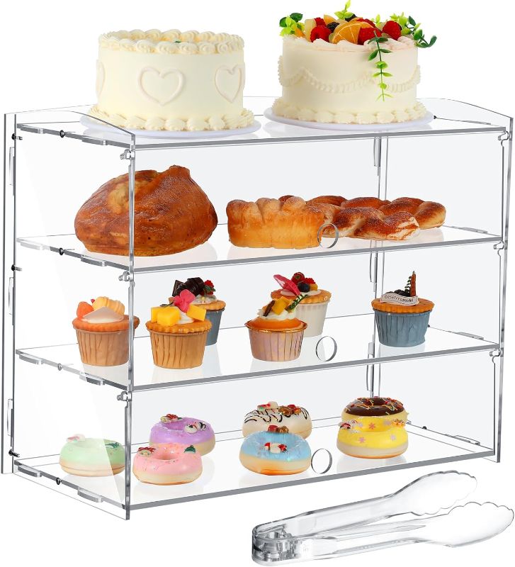 Photo 1 of 3 Tier Pastry Display Case with Serving Tong, Clear Acrylic Countertop Display Case, Bakery Pastry Display, Bread Box Cabinet for Cake Cookie Donut Bagels, 20.08 x 9.45 x 15.75 Inches
