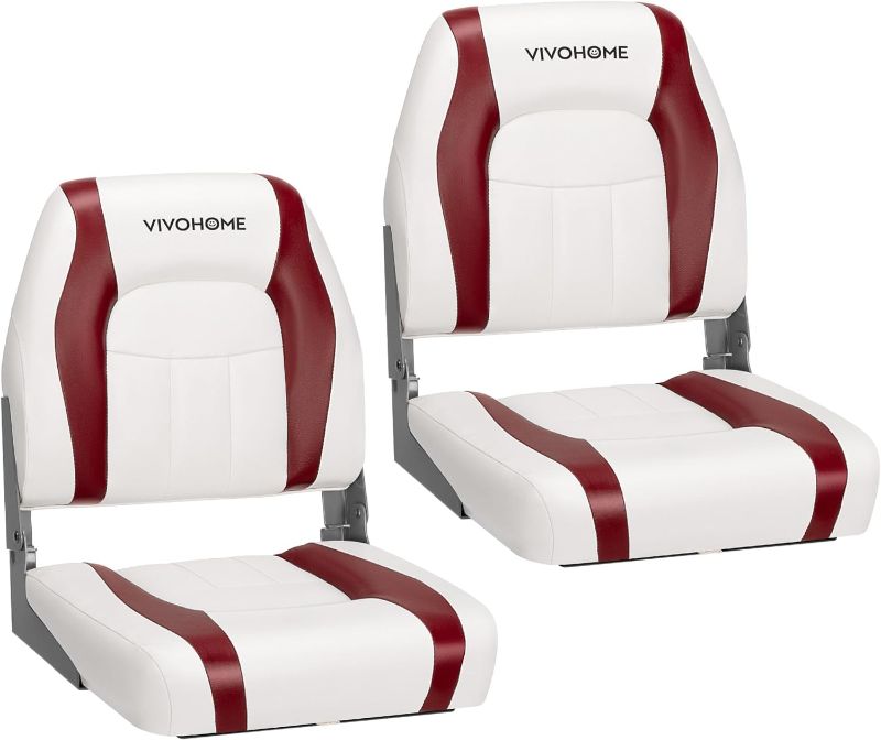 Photo 1 of VIVOHOME Folding Low Back Boat Seats 2 Pack, Waterproof Boat Captain Chairs, 4 Mounting Screws Included, White and Red
