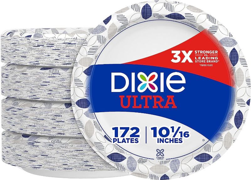 Photo 1 of Dixie Ultra Paper Plates, 10 1/16 inch, Dinner Size Printed Disposable Plate, 172 Count (4 Packs of 43 Plates), Packaging and Design May Vary
