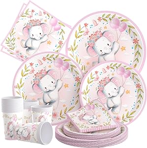 Photo 1 of Pink Elephant Baby Shower Decorations, Party Supplies for Shower Birthday, 24 Servings With Baby Girl Shower Plates, Napkins, Cups
