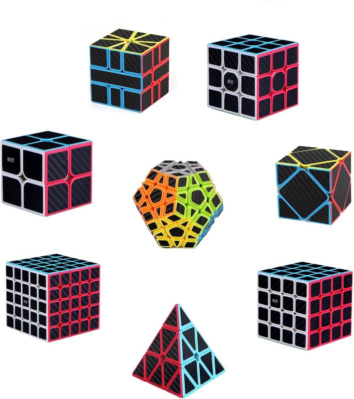 Photo 1 of Ahyuan Speed Cube Set 8 in 1 Magic Cube Bundle 2x2 3x3 4x4 5x5 Cube Pyramid Triangle Cube Bundle SQ1 Skew Ivy Megaminx Cube Sturdy Carbon Fiber Puzzles Cube Toys for Kids & Adults (Style C)
