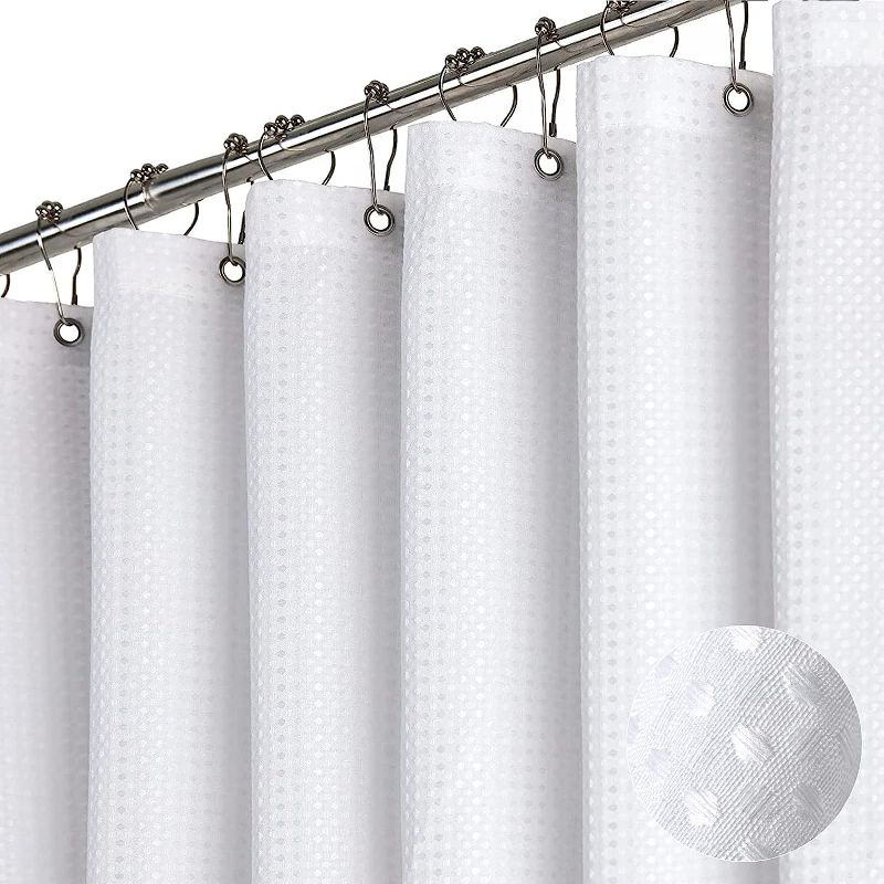 Photo 1 of Dynamene Extra Long Fabric Shower Curtain - Waffle Weave 84 Inches Long Heavy Duty Cloth Shower Curtains for Bathroom, 256GSM Tall Hotel Luxury Bath Curtain Set with 12 Plastic Hooks(72Wx84H, White
