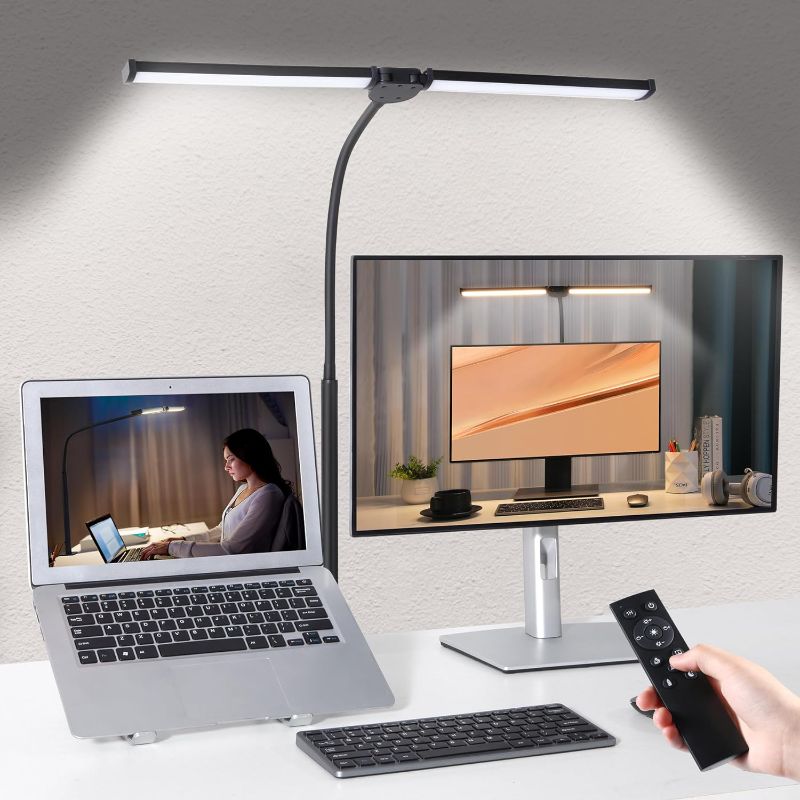 Photo 1 of Led Desk Lamp for Home Office, Remote Control Desktop Light with Clamp, Double Head Architect Lamps for Computer Monitor, Read, Study, 25 Lighting Models, Eye Care, Flexible Gooseneck, Black
