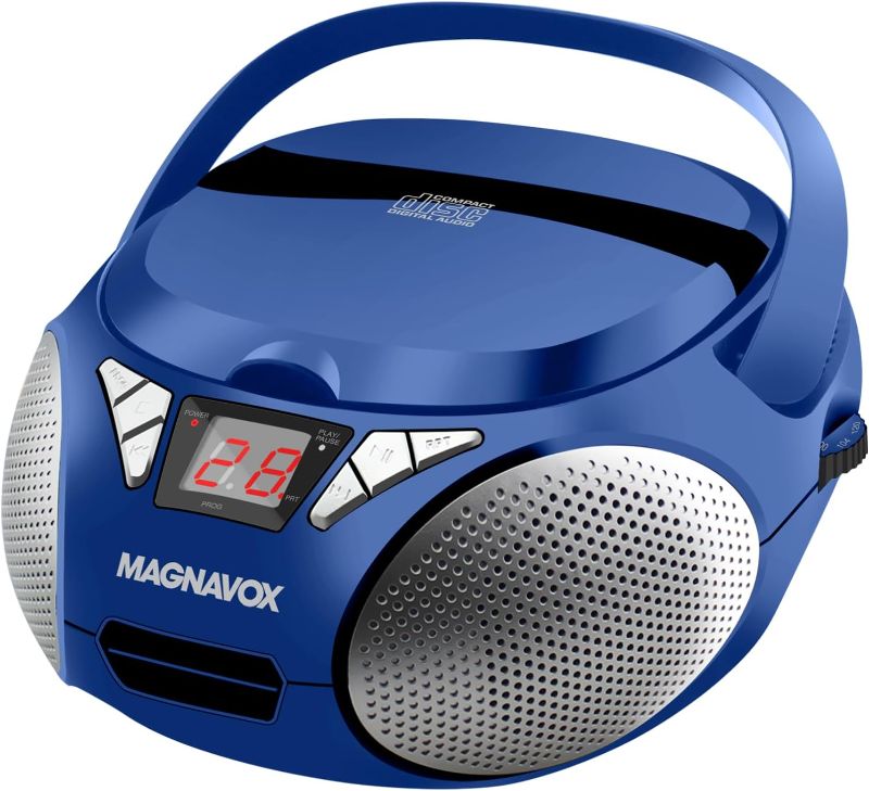 Photo 1 of Magnavox MD6924 Portable Top Loading CD Boombox with AM/FM Stereo Radio in Black | CD-R/CD-RW Compatible | LED Display | AUX Port Supported | Programmable CD Player | (Blue)
