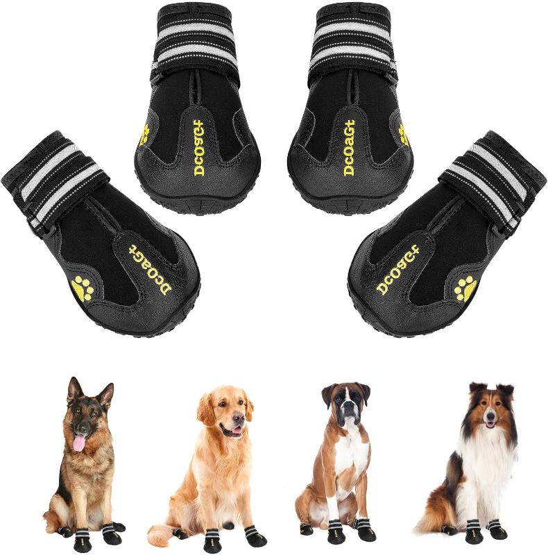 Photo 1 of Dog Shoes for Small Medium Puppy, Anti-Slip Waterproof Dog Boots & Paw Protectors for Hot Pavement Winter Snow, Breathable Reflective Booties for Hiking Walking Hunting,Black 4PCS(Size 5)

