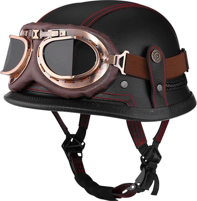 Photo 1 of Motorcycle Half Helmet Retro German Handmade Leather Half Face Quick Release Buckle & Goggles - DOT Approved
