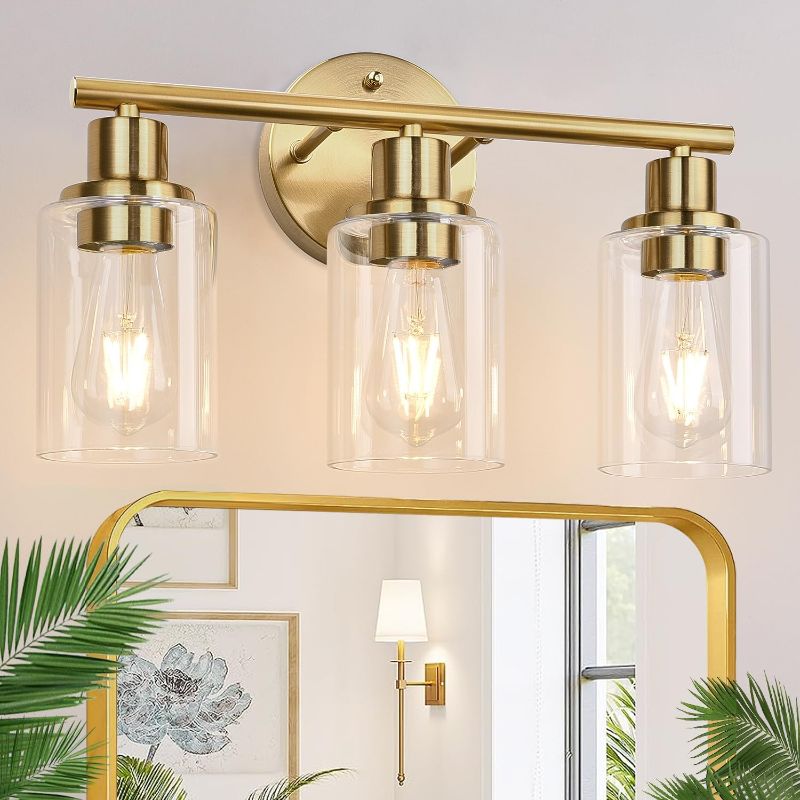 Photo 1 of 3-Light Gold Bathroom Light Fixtures, Modern Bathroom Vanity Light with Clear Glass Shade, Brushed Gold Bath Wall Mount Lights, Wall Lamp for Mirror Kitchen Bedroom Hallway Living Room Hallway
