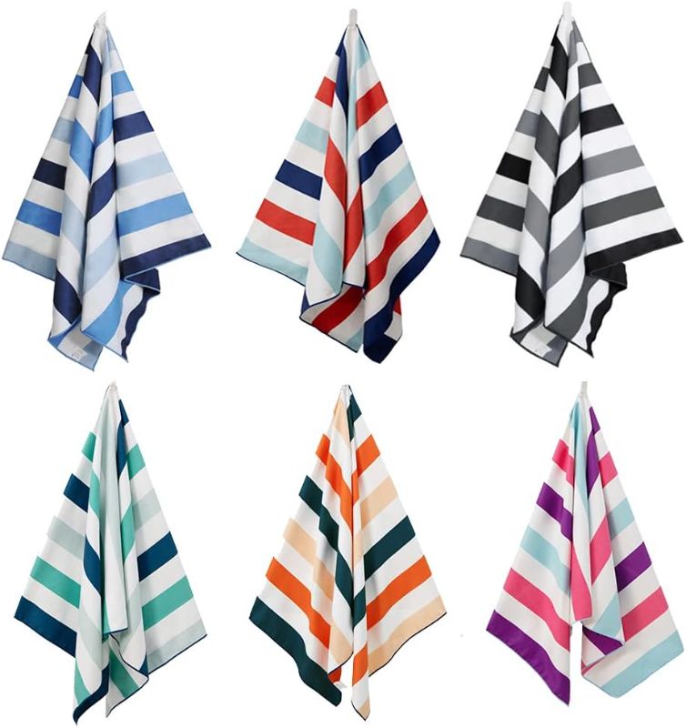 Photo 1 of Exclusivo Mezcla 6 Pack Large Microfiber Quick Dry Beach Towels for Adults, Lightweight Sand Free Cabana Stripe Pool Travel Camping Towel with Bag (Mixed Color, 30"X60")
