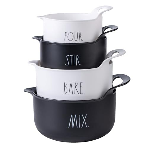 Photo 1 of Rae Dunn Non-Slip Mixing Bowls - 4 Piece Nesting Plastic Mixing Bowl Set with Pour Spouts and Handles-Measurement Markings (Black)
