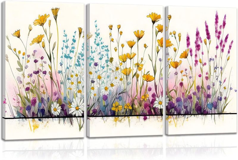 Photo 1 of 3Pcs Framed Floral Botanical Canvas Wall Art Watercolor Blue Yellow Wildflower Pictures Posters Prints Wall Decor Rustic Cottage Painting Artwork for Living Room Bathroom Bedroom 12x16inx3.
