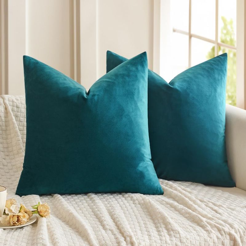 Photo 1 of MIULEE Teal Pack of 2 Velvet Pillow Covers Decorative Square Pillowcases Soft Solid Cushion Cases for Spring Sofa Bedroom Couch 18x18 Inch
