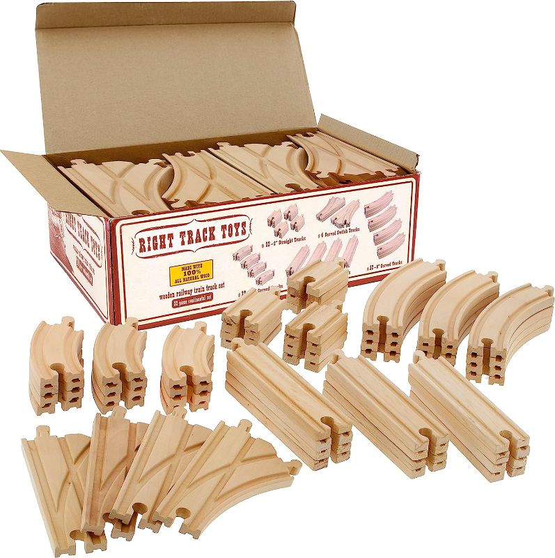 Photo 1 of Wooden Train Track 52 Piece Set - 18 Feet Of Track Expansion And 5 Distinct Pieces - 100% Compatible with All Major Brands Including Thomas Wooden Railway System - by Right Track Toys, T
