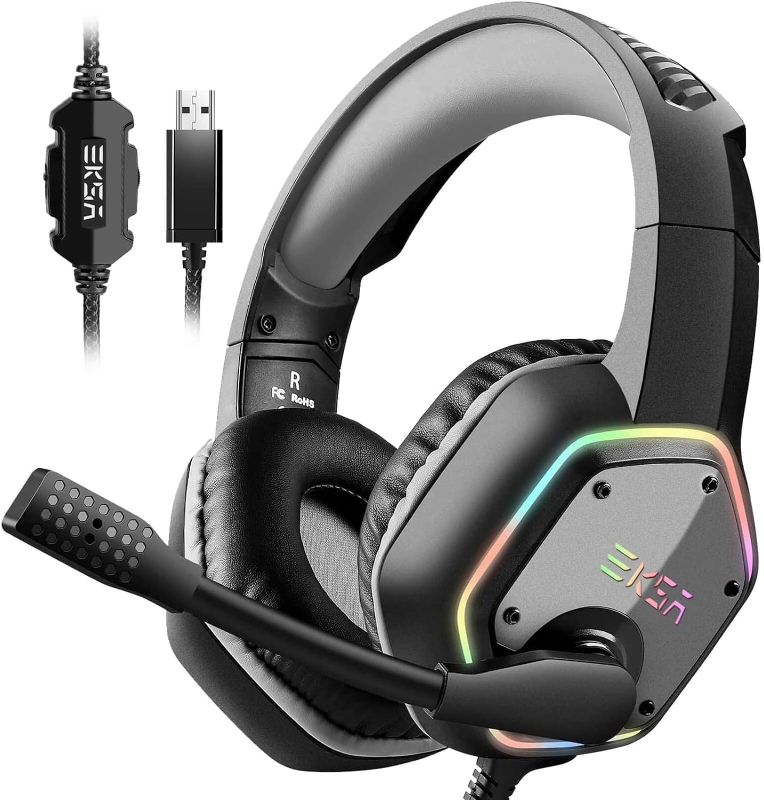 Photo 1 of EKSA E1000 USB Gaming Headset for PC, Computer Headphones with Microphone/Mic Noise Cancelling, 7.1 Surround Sound, RGB Light - Wired Headphones for PS4, PS5 Console, Laptop, Call Center
