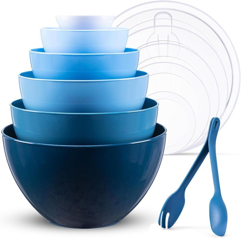 Photo 1 of Mixing Bowls with Lids Set, 14 Pieces Plastic Nesting Mixing Bowls Includes 6 Prep Bowls, 6 Lids, 2 Cooking Spoons(Can Convert Into Tongs), Microwave Dishwasher Safe for Mixing Serving Baking Storing