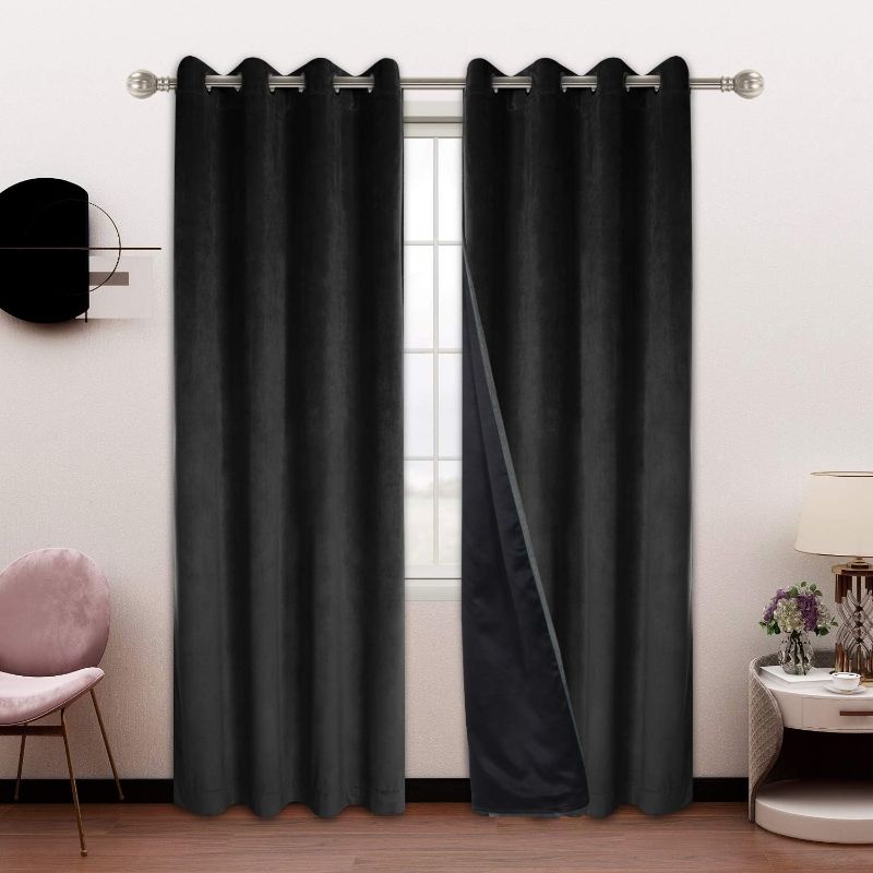 Photo 1 of LUSHLEAF 100% Blackout Velvet Curtains for Bedroom and Living Room, 52 x 72 inch Length, Black - Thermal Insulated, Energy Saving, Sun Blocking Grommet Window Drapes, Set of 2 Curtain Panels
