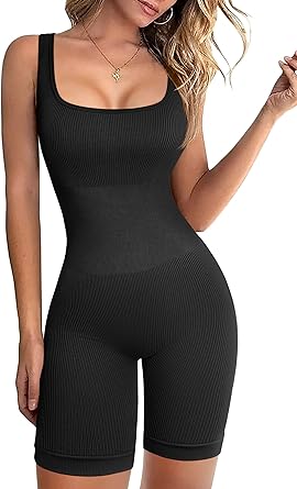 Photo 1 of OQQ Women's Yoga Rompers Ribbed One Piece Spaghetti Strap Sleeveless Tops Romper Black Small