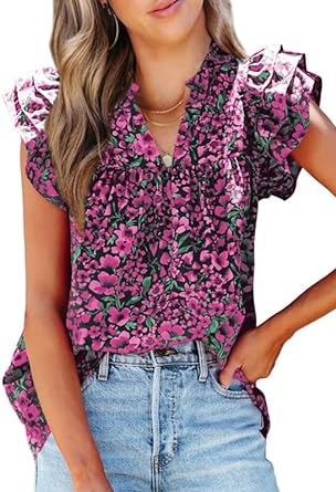 Photo 1 of SHEWIN Womens Casual V Neck Boho Floral Blouses Ruffle Short Sleeve Shirts Pleated Flowy Tunic Tops Multicolor Size M 