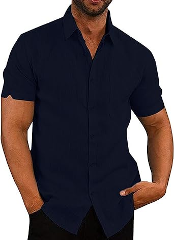 Photo 1 of MAVIS LAVEN Mens Cotton Linen Shirts Cuban Guayabera Shirts Short Sleeve Casual Button Down Shirts for Men Beach Shirts 1-Black Size 2XL 