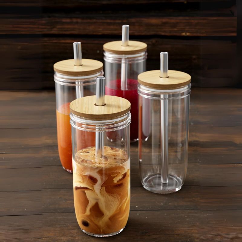 Photo 1 of Mason Jar Cups with Lids and Straws - Reusable, Sturdy Food-Grade Crystal Glass Storage Jars - Easy to Clean, Eco-Friendly Quality Bamboo Lids - Amazing Gift - 4-Pack