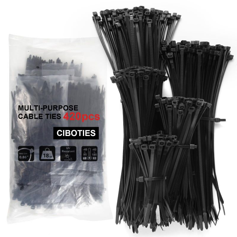 Photo 1 of Zip Ties- Pack Black Assorted Sizes 12+10+8+6+4 Inch, Cable Ties Multi-Purpose Self-Locking Cable Management Plastic Wire Ties for Home, Office