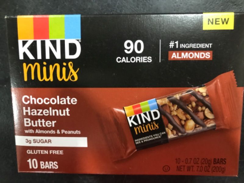 Photo 1 of KIND Minis, Chocolate Hazelnut Butter with Almonds & Peanuts, Healthy Snacks, Gluten Free, Low Calorie Snacks, Low Sugar, 10 Count Chocolate Hazelnut 1 BB 7/14/2024