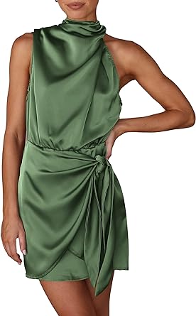 Photo 1 of PRETTYGARDEN Women's Short Formal Satin Dress Summer Sleeveless Mock Neck Tie Waist Cocktail Party Dresses Small Army Green Unknown Size 