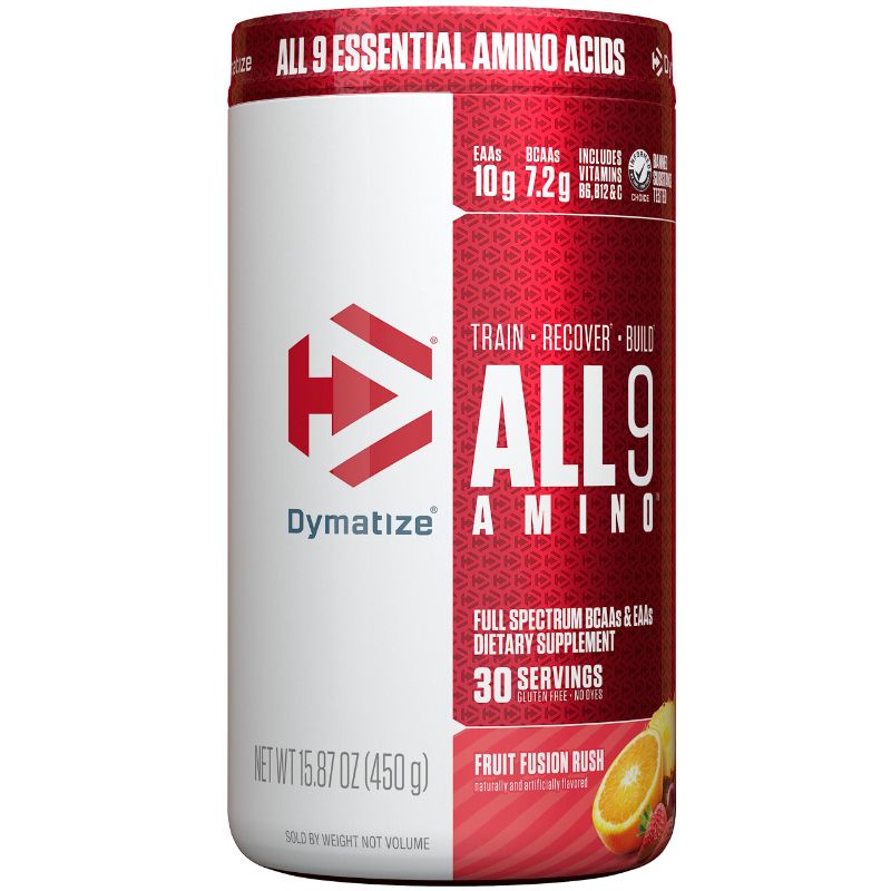 Photo 1 of Dymatize All9 Amino, 7.2g of BCAAs, 10g of Full Spectrum Essential Amino Acids Per Serving for Recovery and Muscle Protein Synthesis, Fruit Fusion Rush, 30 Servings, 15.87 Ounce EXP 8/2024