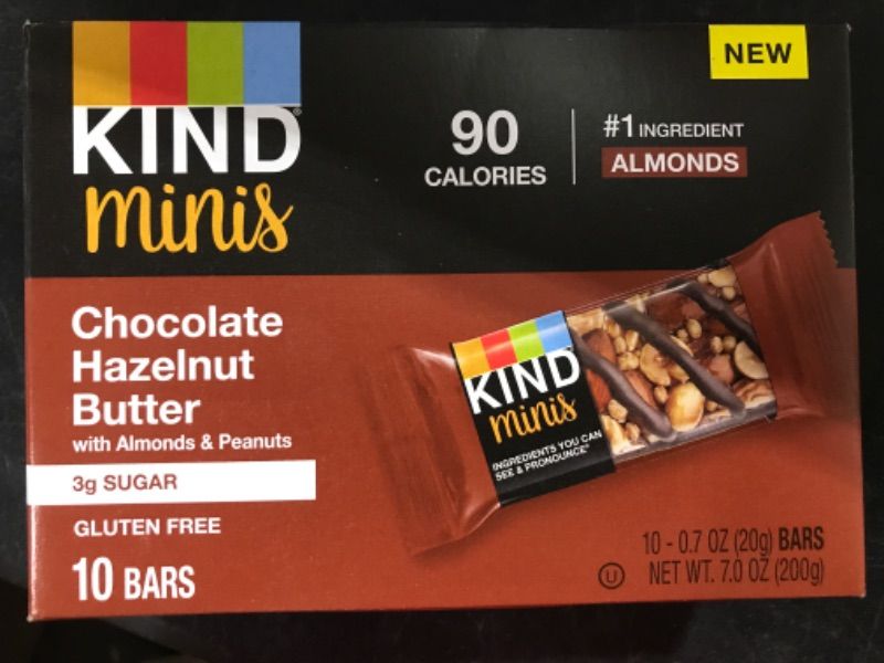 Photo 1 of KIND Minis, Chocolate Hazelnut Butter with Almonds & Peanuts, Healthy Snacks, Gluten Free, Low Calorie Snacks, Low Sugar, 10 Count Chocolate Hazelnut 1 BB JULY 2024