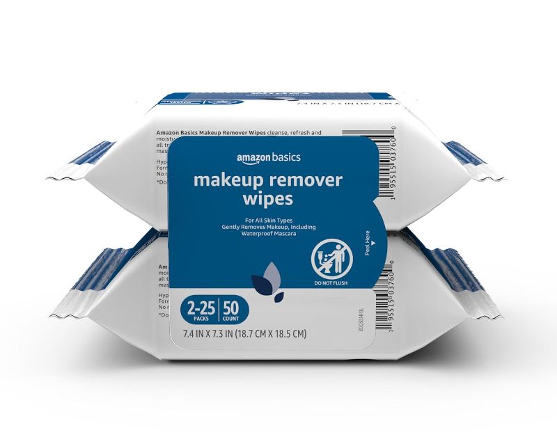 Photo 1 of 2 Packs Amazon Basics Makeup Remover Wipes, 25 wipes Original 25 Count (Pack of 2)