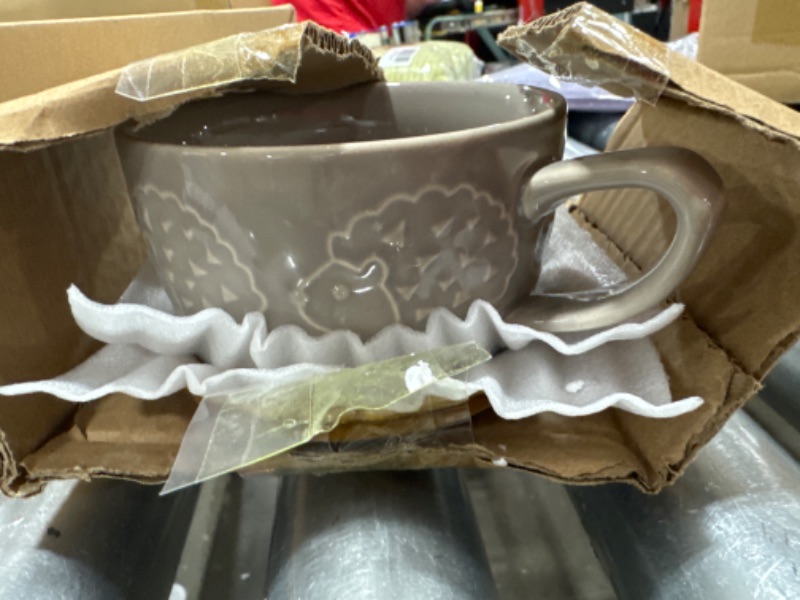 Photo 1 of RQEVSNVK 300ml Ceramics Cute Cat Cup and Dog Coffee Cups Mug with Lid Personality Gift Household Cartoon Kawaii Kids Breakfast Mugs (Grey Hedgehog)