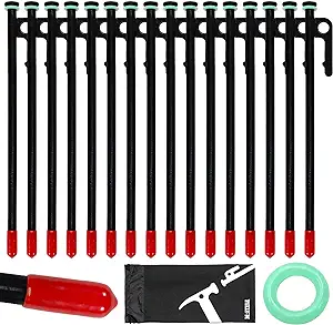 Photo 1 of Tent Stakes Heavy Duty 10 inch Steal Tent Pegs for Camping Ground Stakes for Outdoor Yard Garden Stake, 16 Pack with Caps, Fluorescent Silicone Rings, Special Bag (Black)
