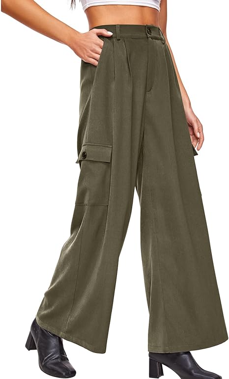 Photo 1 of Women's High Waisted Wide Leg Casual Cargo Pants with 4 Pockets Baggy Trousers Business Casual Streetwear Pants
 medium 