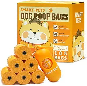 Photo 1 of 100% Certified Home Compostable Dog Poop Bags - EN 13432 Compliant Dog Waste Bags -105 Bags- 7 x Rolls of Plant Based Compostable Poop Bags -Includes A Dispenser-Thick Doggie Poop Bags?Orange?
