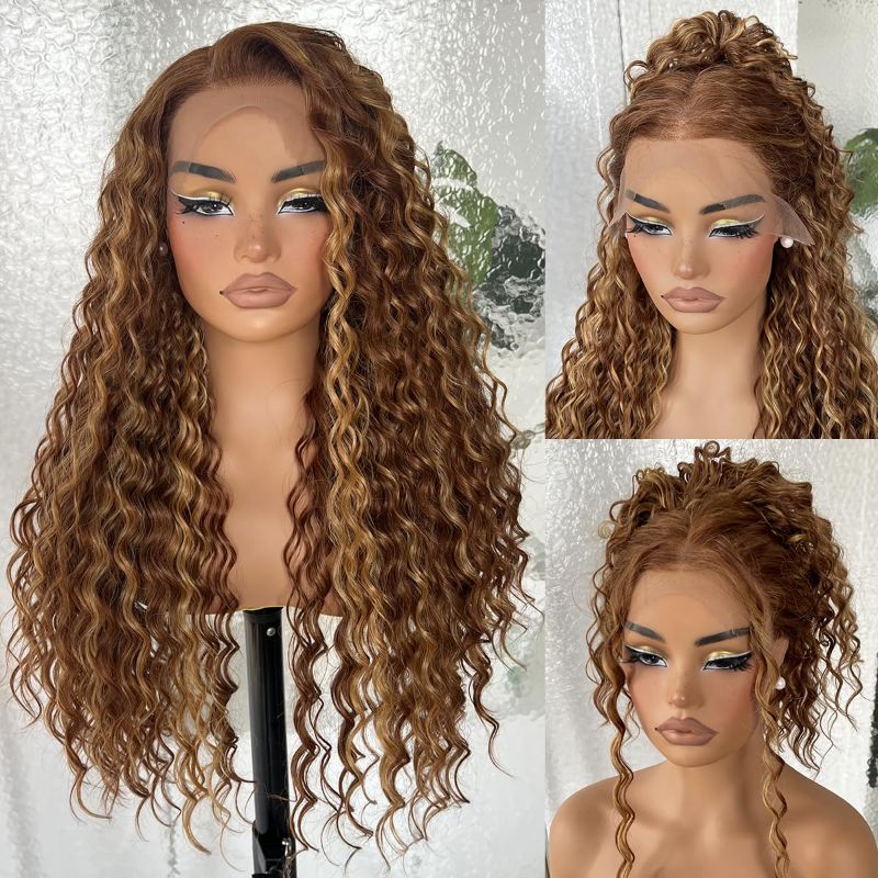 Photo 1 of LOVSOUL 26Inch Honey Blonde Sunkissed Highlights Deep Curly Lace Front Wig for Black Women, 13x6 HD Glueless Curly Lace Front Wigs Pre-Plucked, 200 Density Synthetic Lace Frontal Wig, 26 inch #4/27