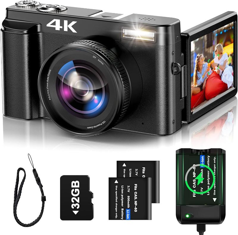 Photo 1 of 4K Digital Camera for Photography Auto-Focus 4K Camera with 180° 3.0 inch Flip Screen 16X Anti-Shake Vlogging Camera for YouTube Video Compact Cameras with SD Card, 2 Batteries and Battery Charger
