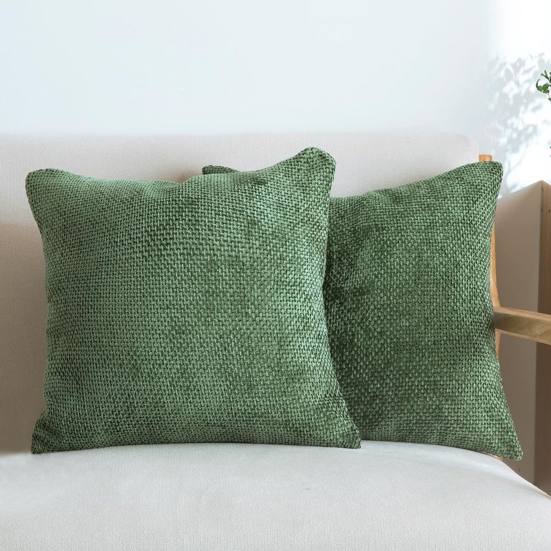 Photo 1 of Pack of 2 Chenille Throw Pillow Covers 18x18 Inches Soft Decorative Throw Pillows Cozy Square Farmhouse Cushion Covers for Couch Sofa Chair Living Room Home Decor, Sage Green
