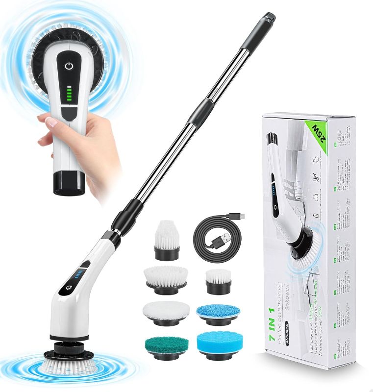 Photo 1 of Electric Spin Scrubber 7 in 1, Bathroom Cordless Cleaning Brush with Extension Handle, Suitable for Cleaning Shower, Tile, Floor -Black
