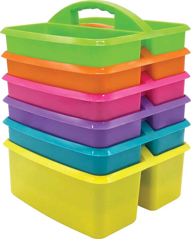 Photo 1 of Teacher Created Resources Assorted Bright Colors Portable Plastic Storage Caddy 6-Pack for Classrooms, Kids Room, and Office Organization, (Lime, Orange, Pink, Purple, Teal, and Yellow) 3 Compartment
