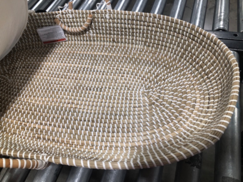 Photo 3 of Baby Changing Basket - with Thick Pad & 3 Waterproof Bamboo Jacquard Covers. Organic Seagrass Moses Basket for Babies - CPSC Compliant, Premium Changing Table Topper - Unique Boho Baby Decor Natural / White