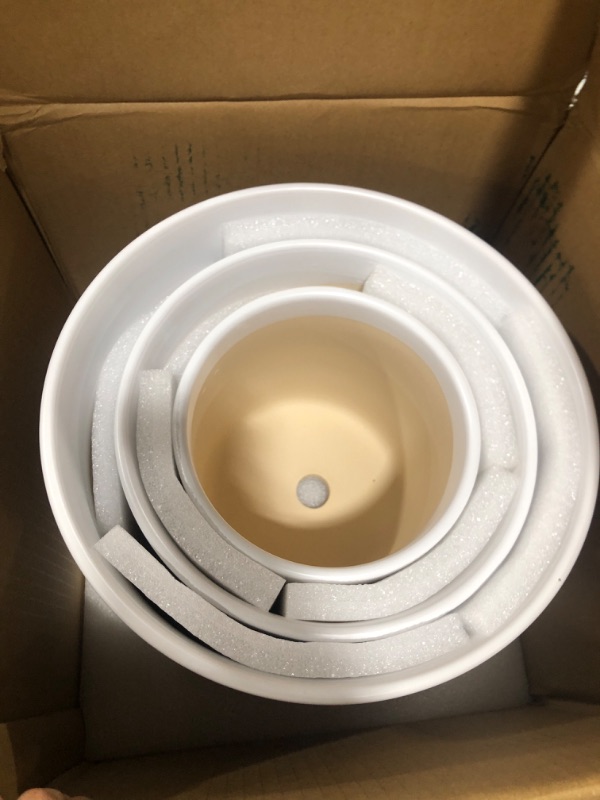 Photo 1 of LE TAUCI Planters for Indoor Plants, 10/8/6 Inch Ceramic Plant Pots Indoor, Contemporary Mid-Century Design Pot with Drainage Hole, Cylinder Planter for Home Decor and Gardening, Set of 3, Satin White