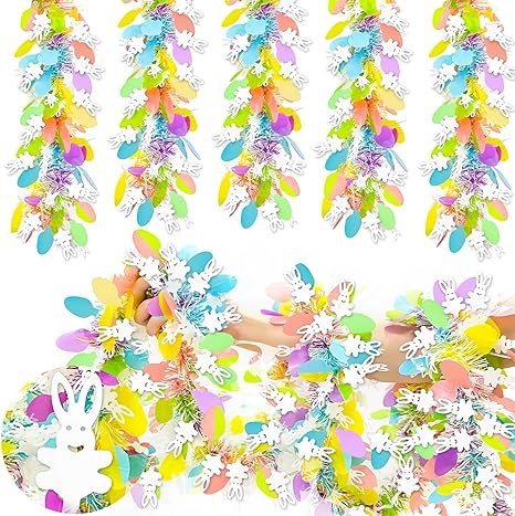 Photo 1 of TURNMEON 5 String Easter Egg Bunny Garland Decorations, Total 33 Ft Colorful Easter Tinsel Garland Metallic Streamer Glitter Twist Hanging Decorations for Easter Party Tree Decor, Each 6.6 Ft by 5"