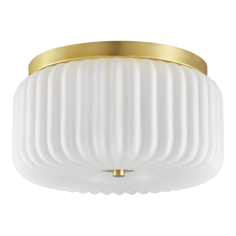 Photo 1 of Home Decorators Collection Caroline 11 in. 2-Light Aged Brass Flush Mount with Frosted Glass Shade