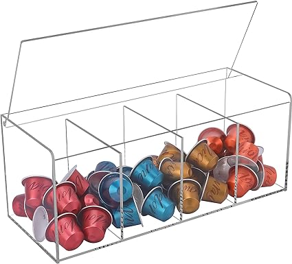 Photo 1 of Coffee Pod Holder, Organizer for K Cup, Storage for Coffee Station Counter, Compatible with Nespresso Capsule& Keurig Pods, Coffee Bar Accessories, Acrylic 4 Compartment with Lid - Clear