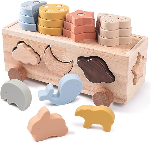 Photo 1 of 4 Games in 1 Montessori Shape Sorter Toys Blocks Cart Educational Stacking Toys Set with 22 Montessori Toys Accessories Stacking Blocks Toys for Toddlers