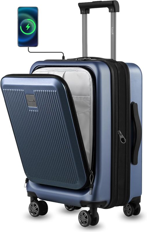 Photo 1 of LUGGEX Carry on Luggage with Front Pocket, PC Hard Shell Suitcase with USB Port, Expandable Luggage Airline Approved (Blue, 20 Inch, 36.7L)
