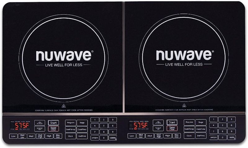 Photo 1 of Nuwave Double Induction Cooktop, Powerful 1800W, 2 Large 8” Heating Coils, Independent Controls, 94 Temp Settings from 100°F to 575°F in 5°F Increments, 2 x 11.5” Shatter-Proof Ceramic Glass Surface
