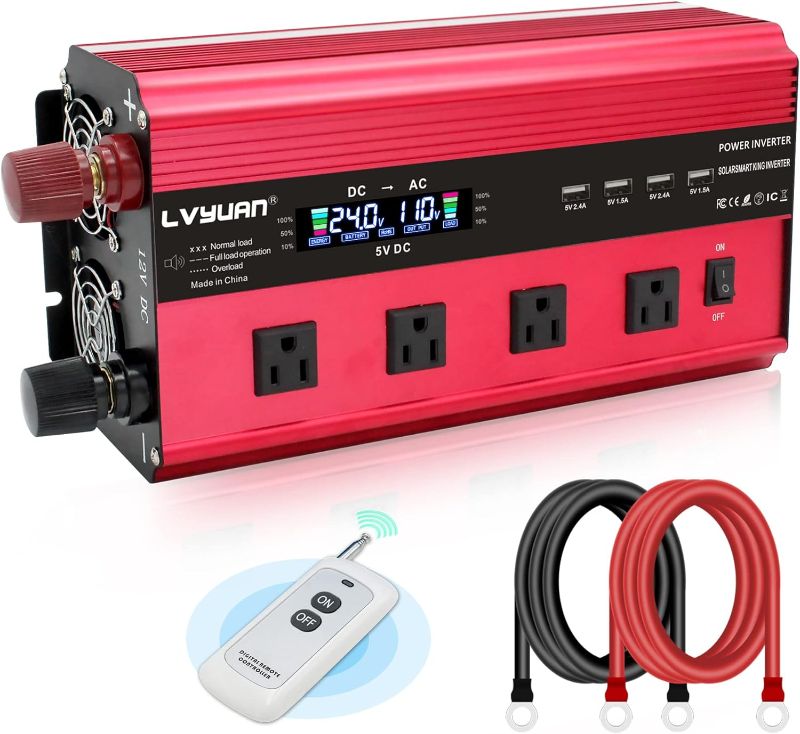 Photo 1 of Cantonape 2500W Power Inverter 24V to 110V DC to AC with LCD Display, Remote Controller 4 x AC Outlets and 4 x 3.1A USB Car Adapter for Car Truck Boat RV Solar System
