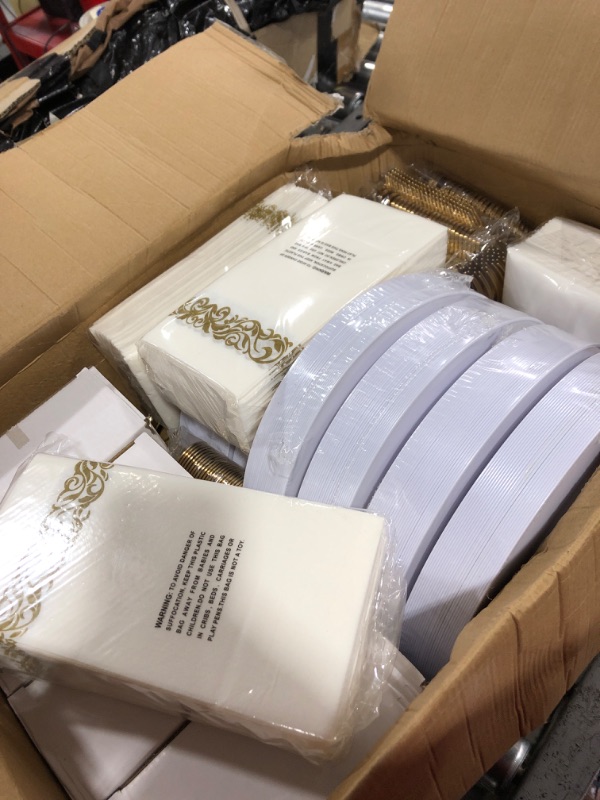 Photo 2 of I00000 700 Pcs Gold Dinnerware Set-200 Gold Plastic Plates-300 Gold Disposable Silverware Set-100 Cups-100 Linen Like Napkins, White Plastic Plates with Gold Rim for Party and Gold Plates for Wedding