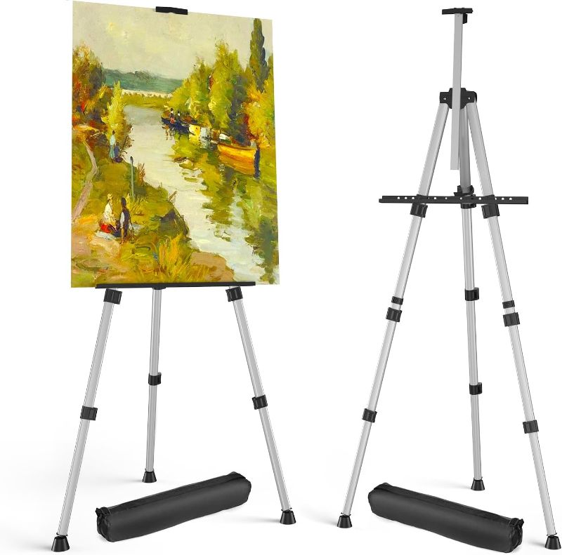 Photo 1 of Art Painting Display Easel Stands - Portable Adjustable Aluminum Metal Tripod Artist Easels with Bags, Height from 17" to 66", Extra Sturdy for Table-Top/Floor Painting, Drawing, Displaying, Silver
