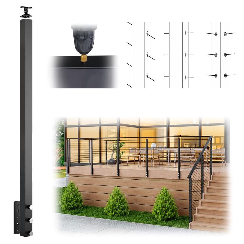 Photo 1 of Muzata Undrilled Aluminum Side Mount Post 42"x2"x2" Adjustable Top Cable Railing Post Assembled Black Finish Wood Concrete Level Deck Angle Stair, PW01 BNAL
